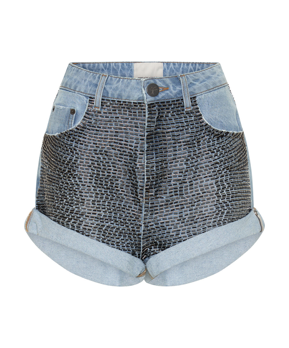 Bandits High Waist Sequin Denim Shorts - Mid Blue