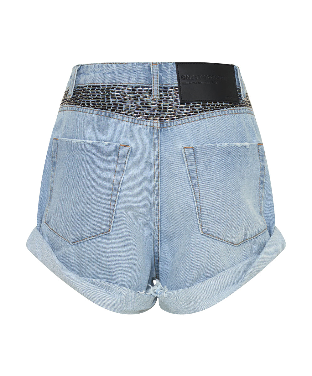 Bandits High Waist Sequin Denim Shorts - Mid Blue