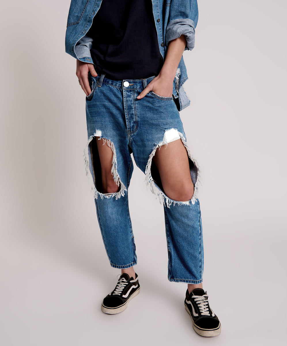 Kingpins Low Waist Cropped Boyfriend Denim Jeans - Bay Blue