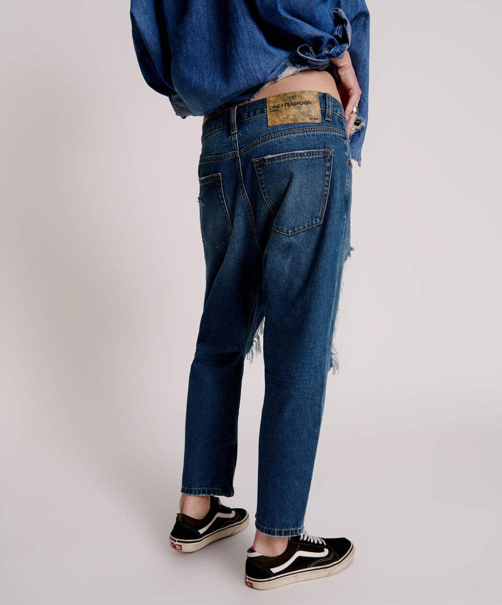 Kingpins Low Waist Cropped Boyfriend Denim Jeans - Bay Blue