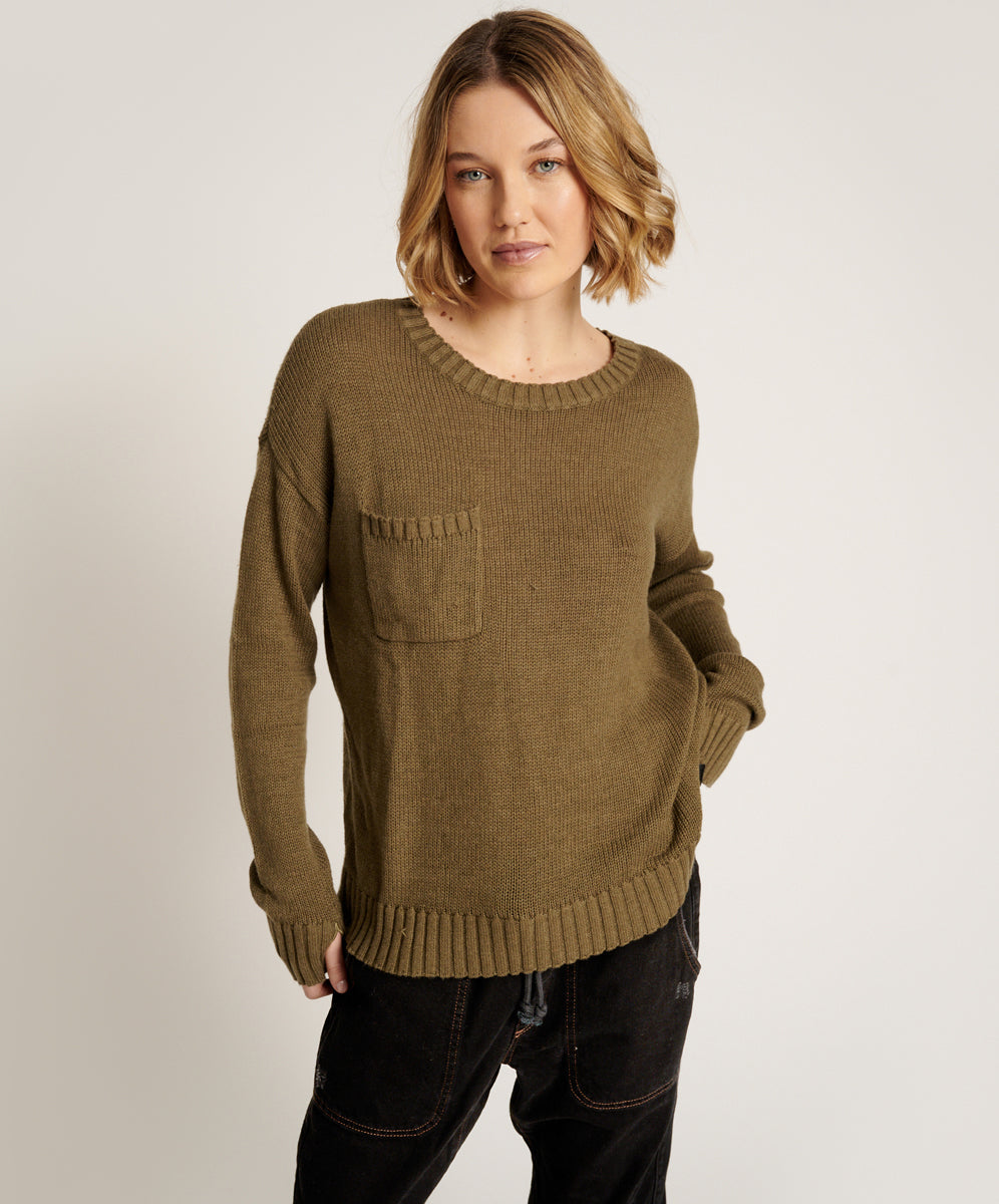 Classic Pocket Chunky Knit Sweater Khaki - Khaki