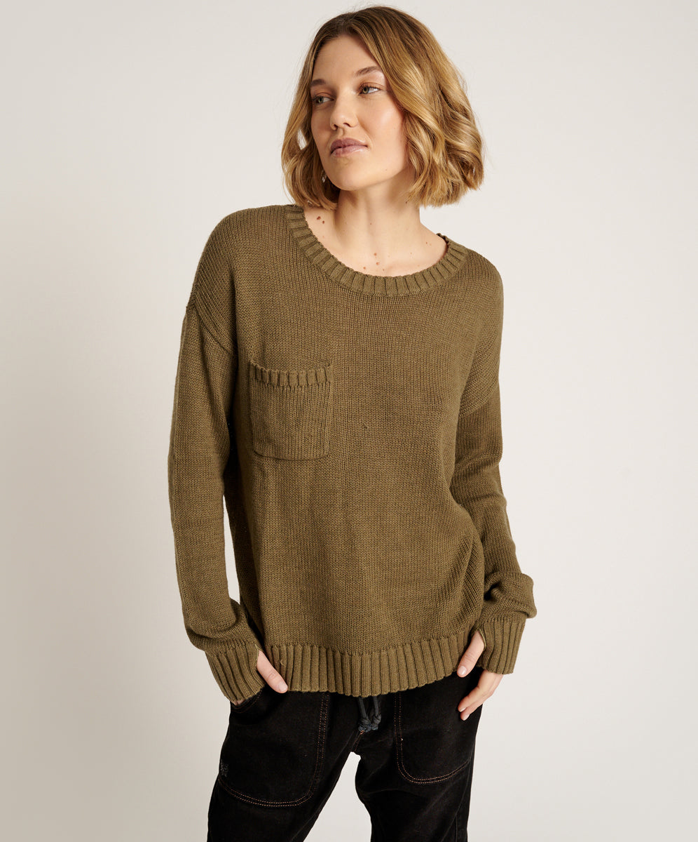 Classic Pocket Chunky Knit Sweater Khaki - Khaki