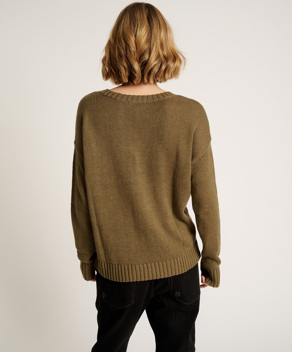 Classic Pocket Chunky Knit Sweater Khaki - Khaki