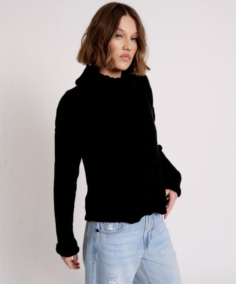 Classic Chunky Roll Neck Knit Sweater - Black