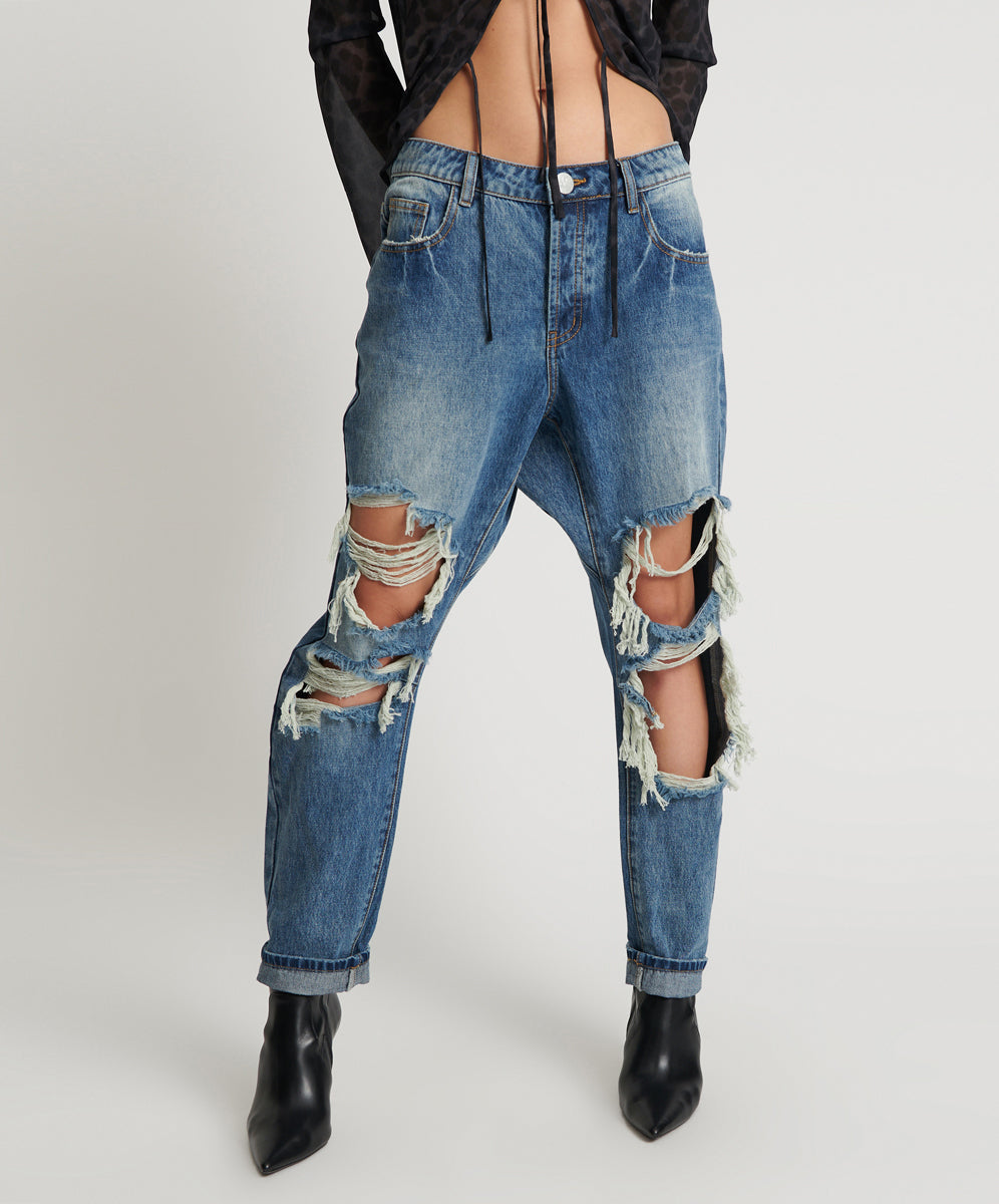 Saints Low Waist Boyfriend Denim Jeans - Blue Love