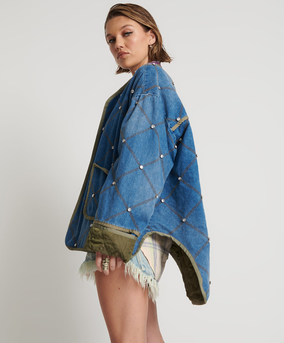 Quilted Crystal Studded Denim Jacket - Bay Blue