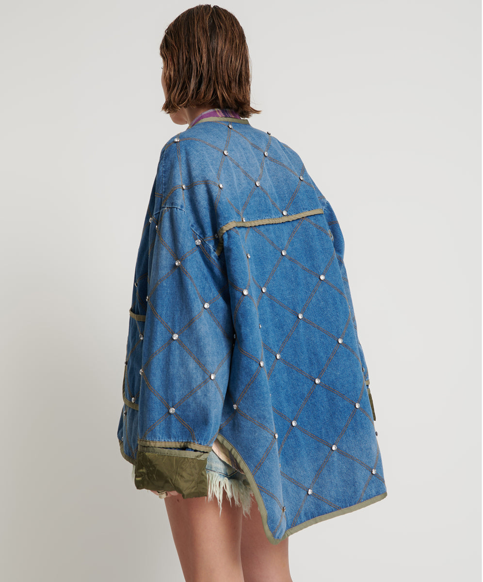 Quilted Crystal Studded Denim Jacket - Bay Blue