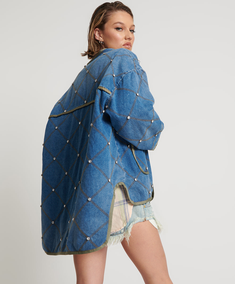 Quilted Crystal Studded Denim Jacket - Bay Blue