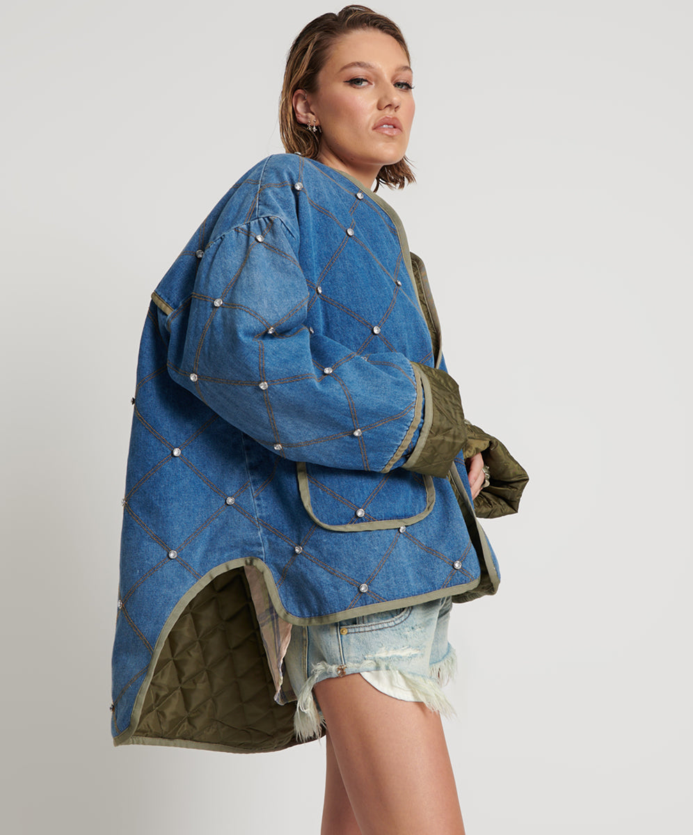 Quilted Crystal Studded Denim Jacket - Bay Blue