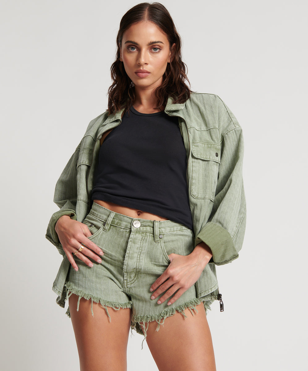 Outlaws Low Waist Mid Length Denim Shorts - Khaki