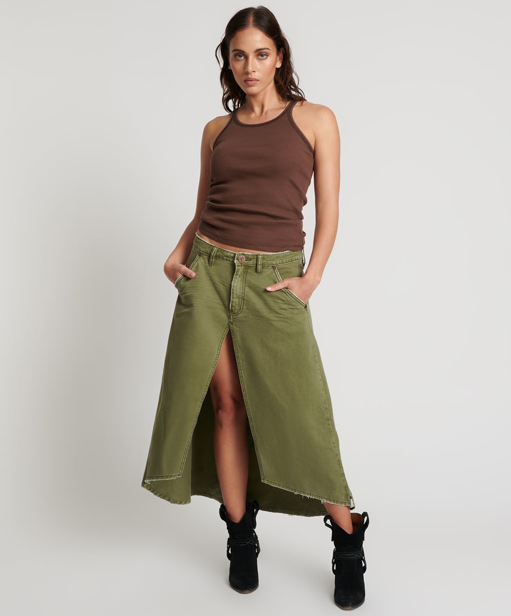 Mrs Carter Low Waist Long Denim Skirt - St Khaki