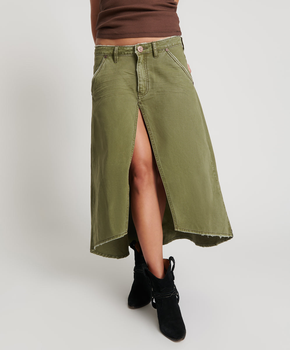 Mrs Carter Low Waist Long Denim Skirt - St Khaki