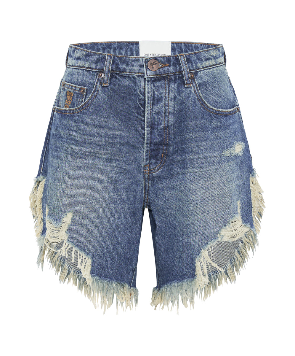 GRITTY BLUE FRANKIES HIGH WAIST LONG LENGTH SHORTS