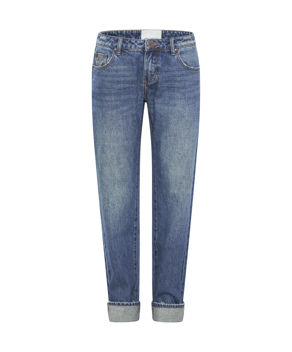 GRITTY BLUE TRUCKERS LOW WAIST STRAIGHT LEG JEANS