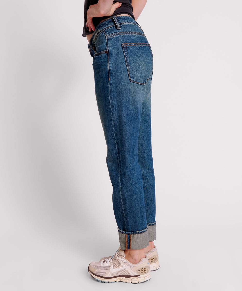 GRITTY BLUE TRUCKERS LOW WAIST STRAIGHT LEG JEANS