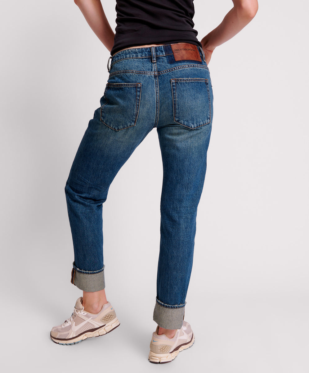 GRITTY BLUE TRUCKERS LOW WAIST STRAIGHT LEG JEANS