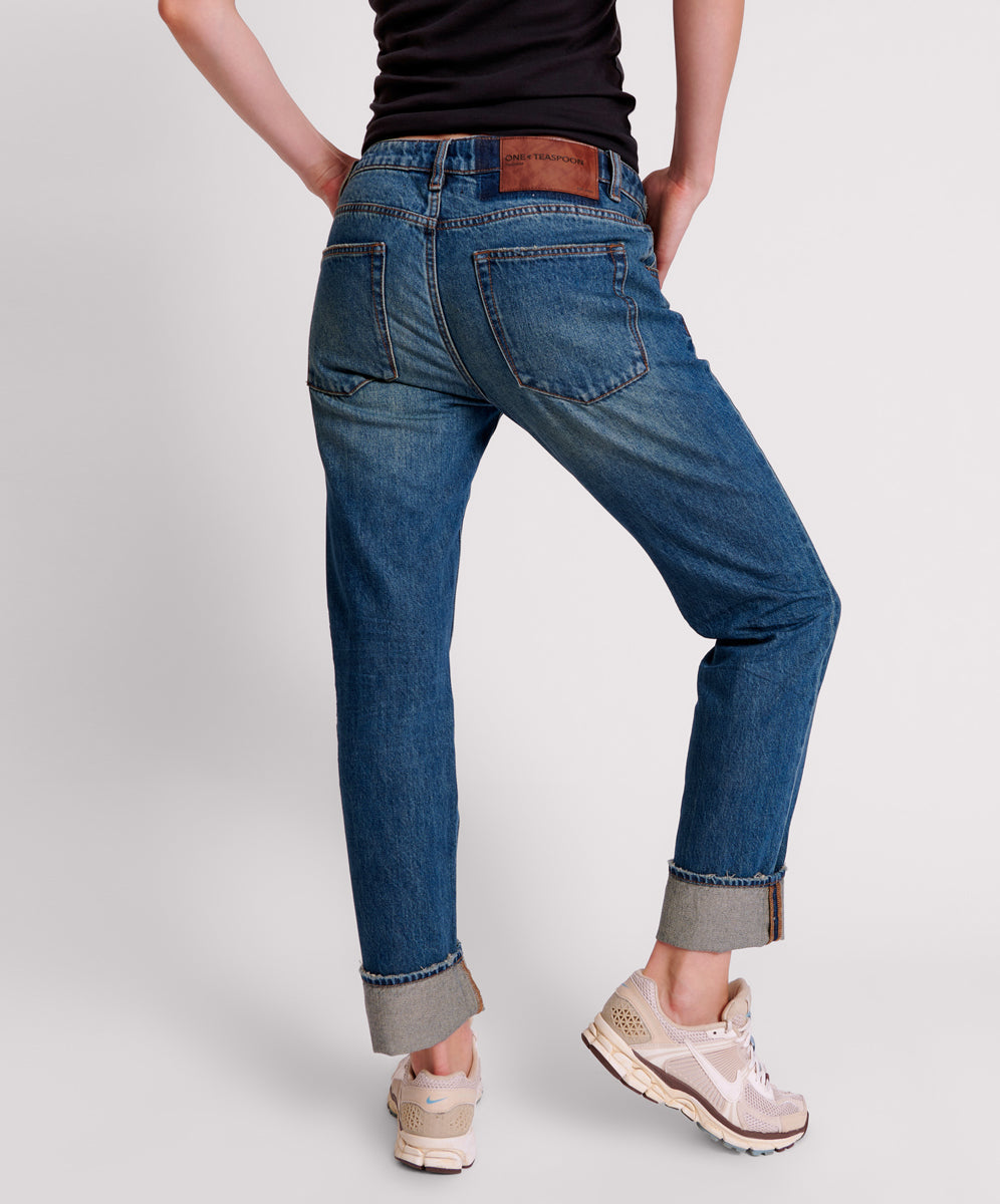 GRITTY BLUE TRUCKERS LOW WAIST STRAIGHT LEG JEANS