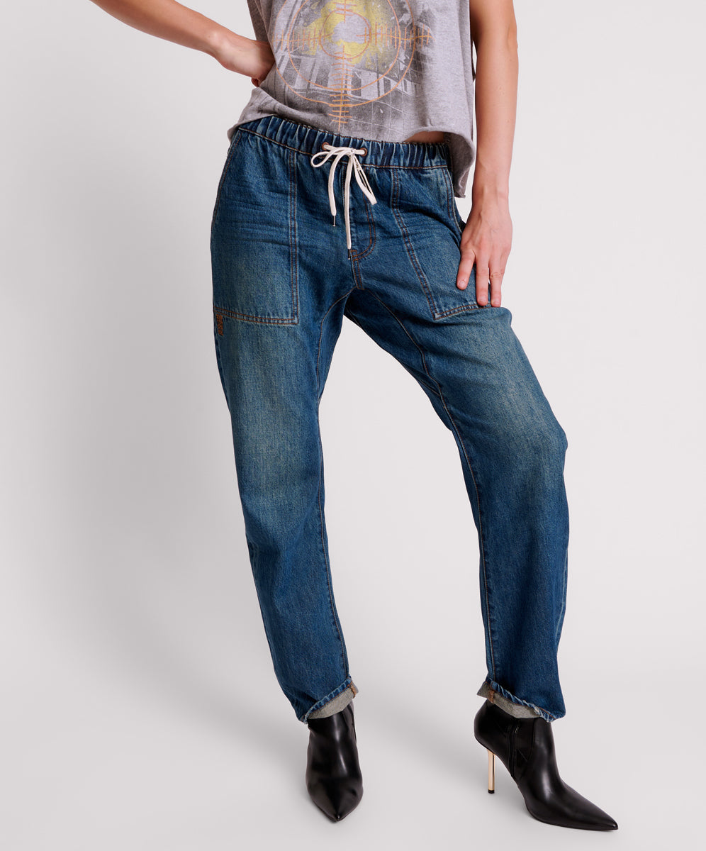 GRITTY BLUE SHABBIES DRAWSTRING BOYFRIEND JEANS