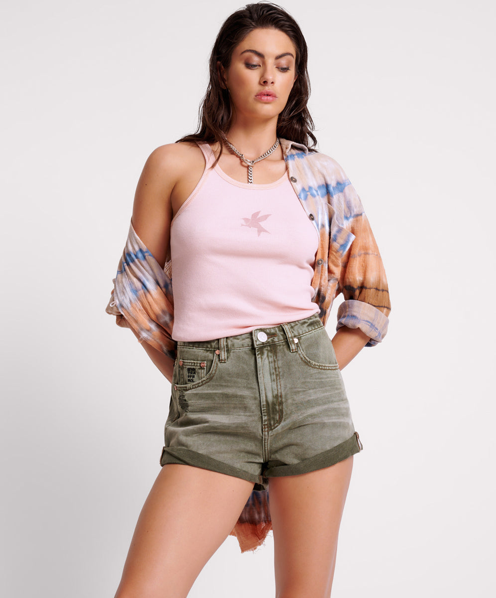 Bandits High Waist Denim Shorts - Old Khaki