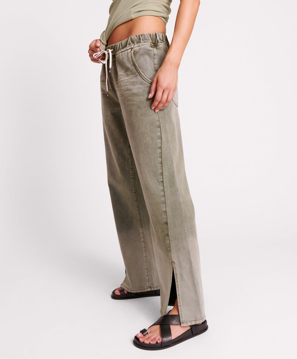 Roadhouse Wide Leg Drawstring Denim Jeans - Old Khaki