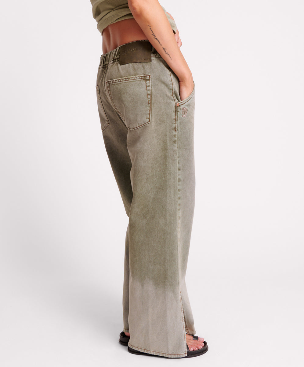 Roadhouse Wide Leg Drawstring Denim Jeans - Old Khaki