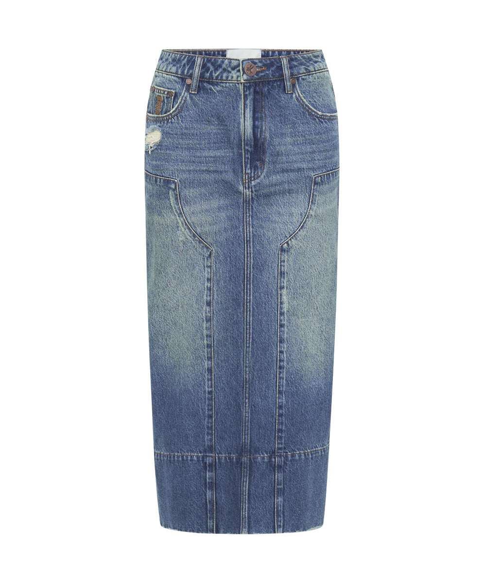 GRITTY BLUE CASSIDY MID WAIST LONG DENIM COLUMN SKIRT