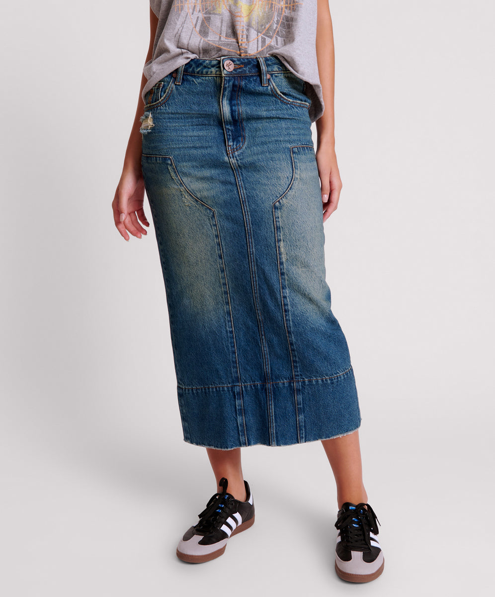 GRITTY BLUE CASSIDY MID WAIST LONG DENIM COLUMN SKIRT