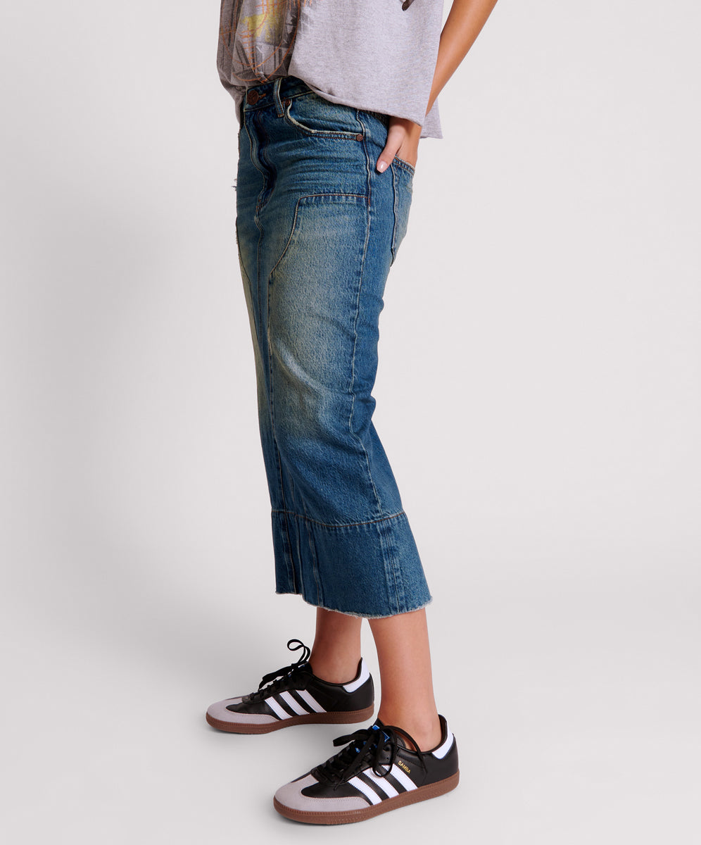 GRITTY BLUE CASSIDY MID WAIST LONG DENIM COLUMN SKIRT