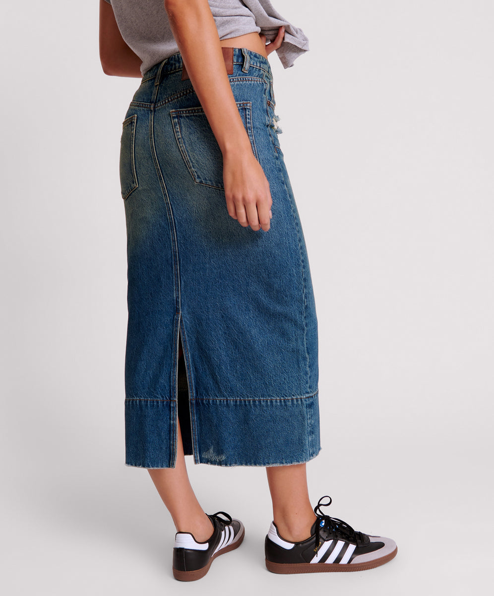 GRITTY BLUE CASSIDY MID WAIST LONG DENIM COLUMN SKIRT