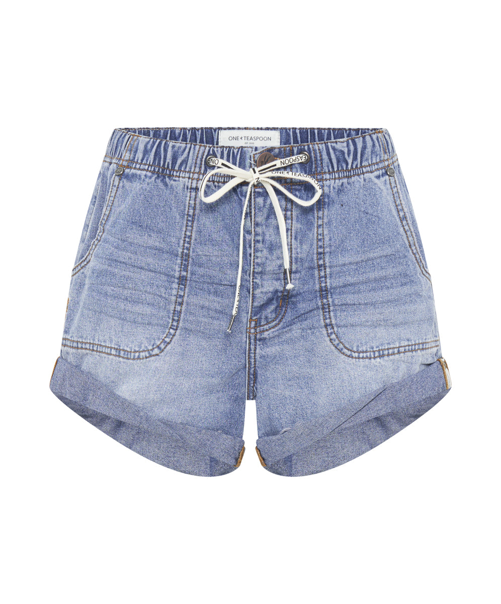 Shabby Bandits Low Waist Drawstring Denim Shorts - Blue Lilac