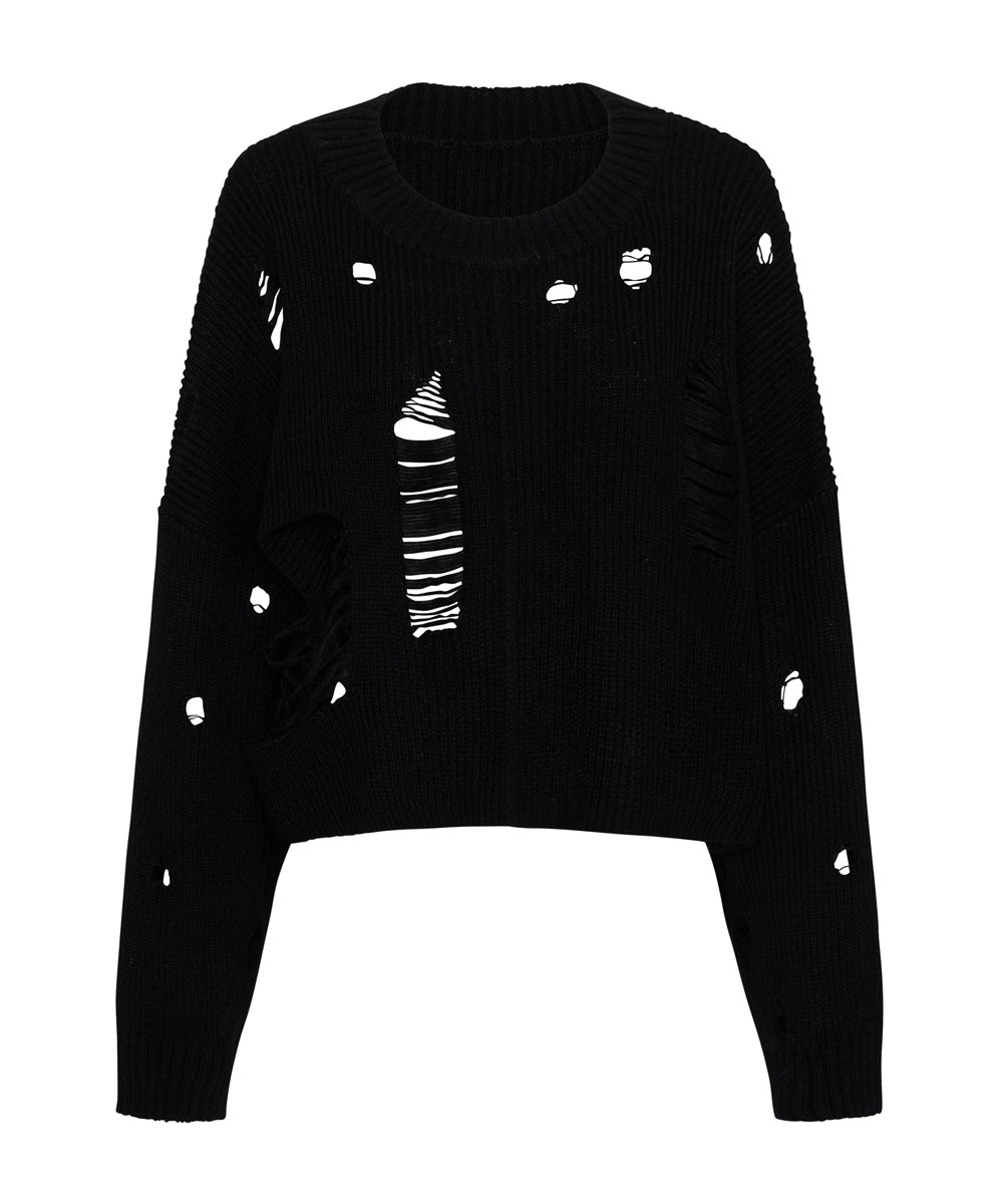 Cropped Hercules Shredded Sweater - Black