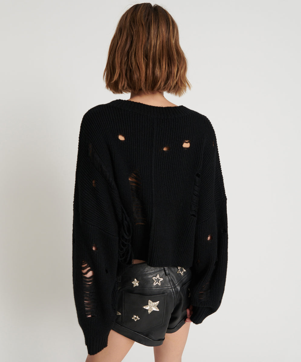 Cropped Hercules Shredded Sweater - Black