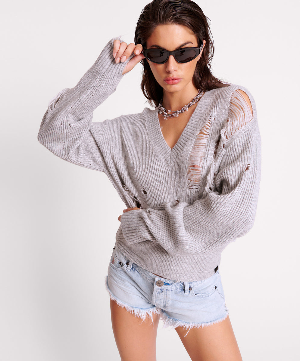 Laddered V-Neck Distressed Sweater - Grey Marle