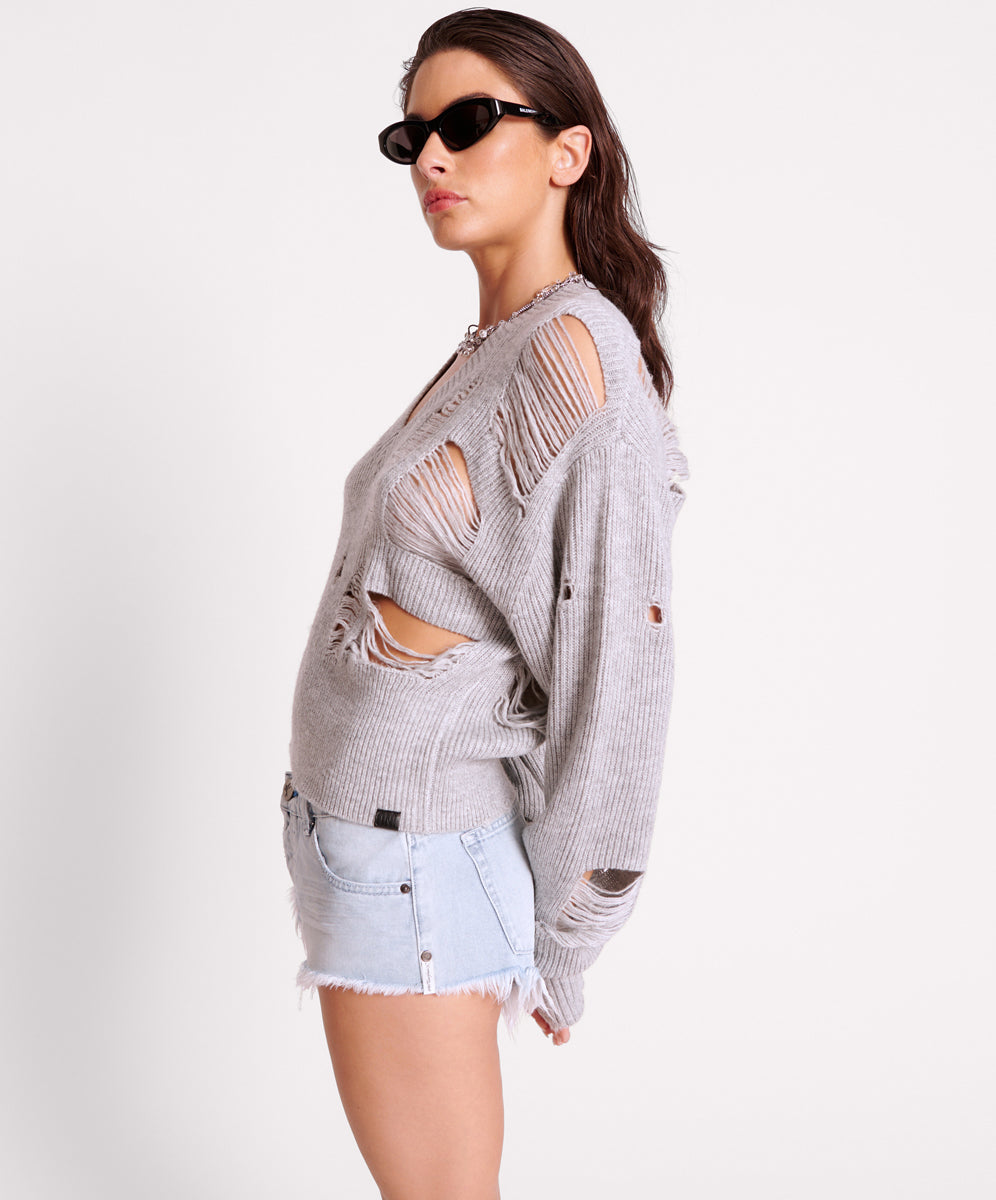 Laddered V-Neck Distressed Sweater - Grey Marle