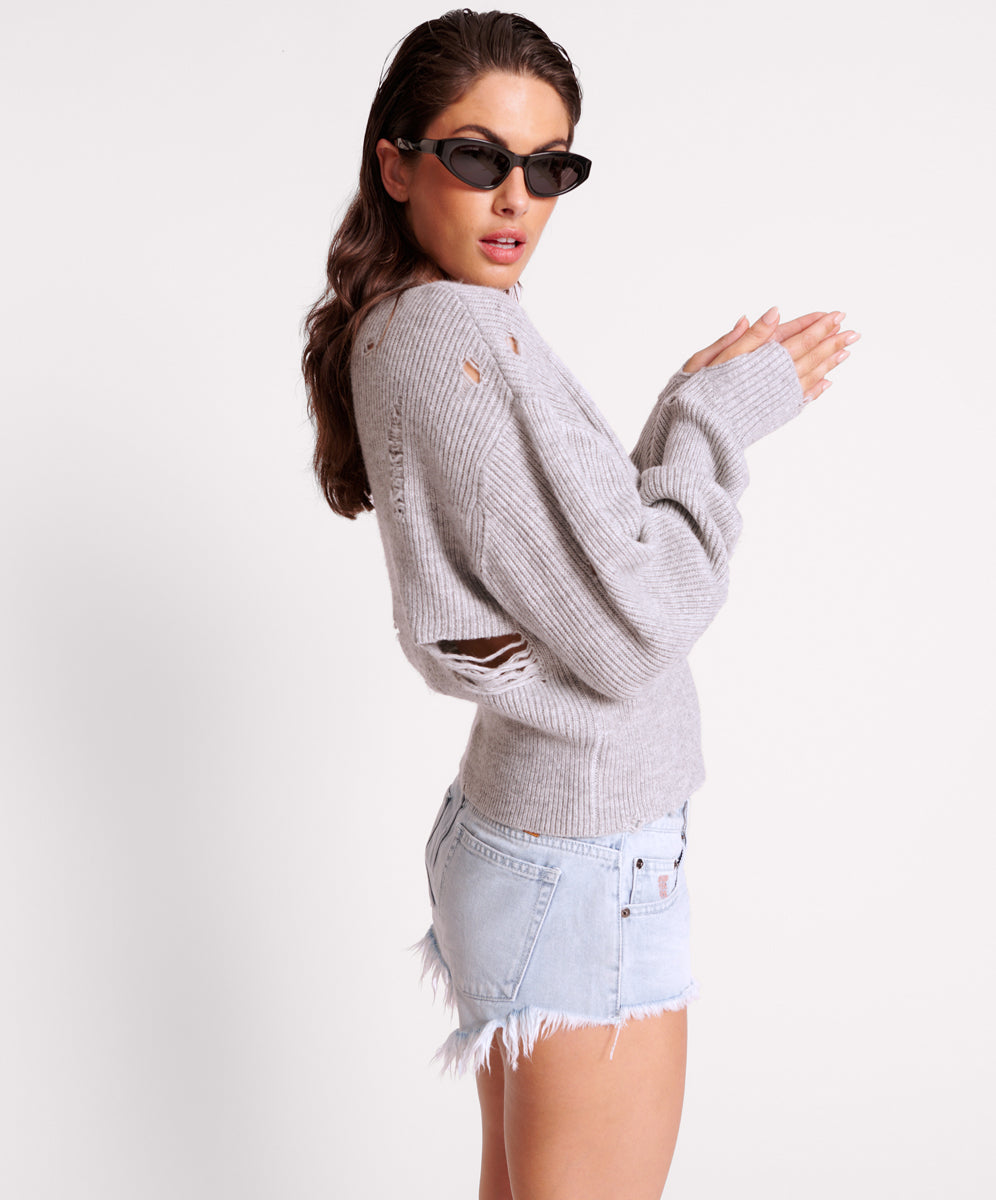 Laddered V-Neck Distressed Sweater - Grey Marle