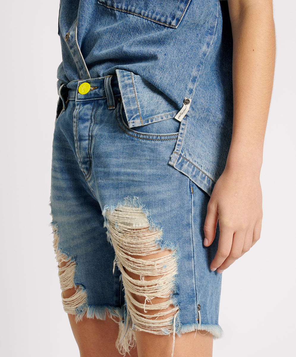 Stevies High Waist Long Length Boyfriend Denim Shorts - Blue Rapture