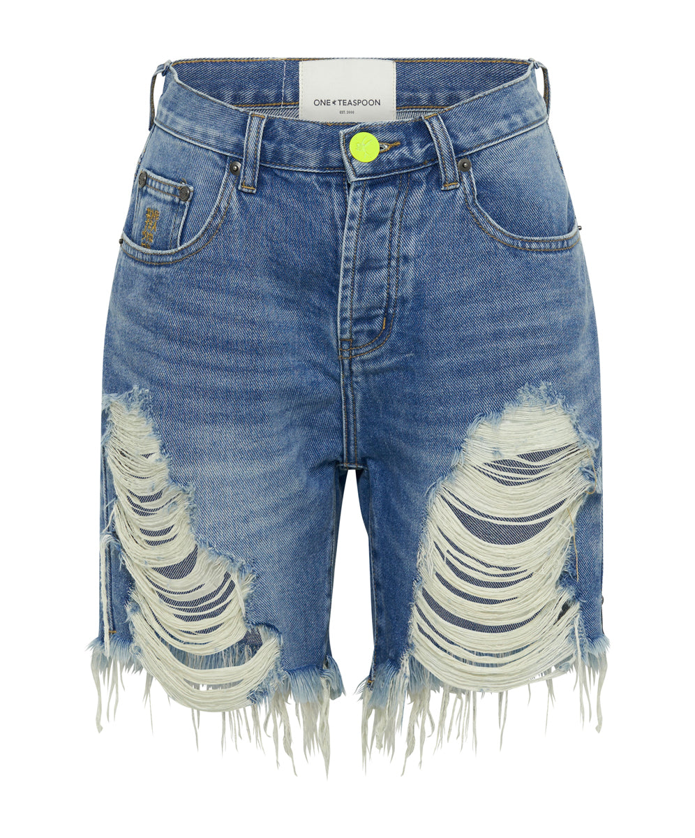 Stevies High Waist Long Length Boyfriend Denim Shorts - Blue Rapture