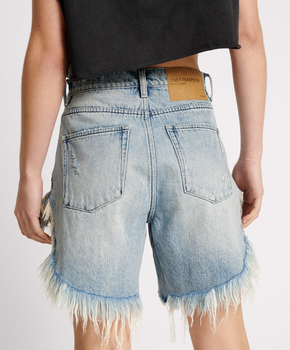 Frankies Low Waist Long Length Denim Shorts - Salty Dog