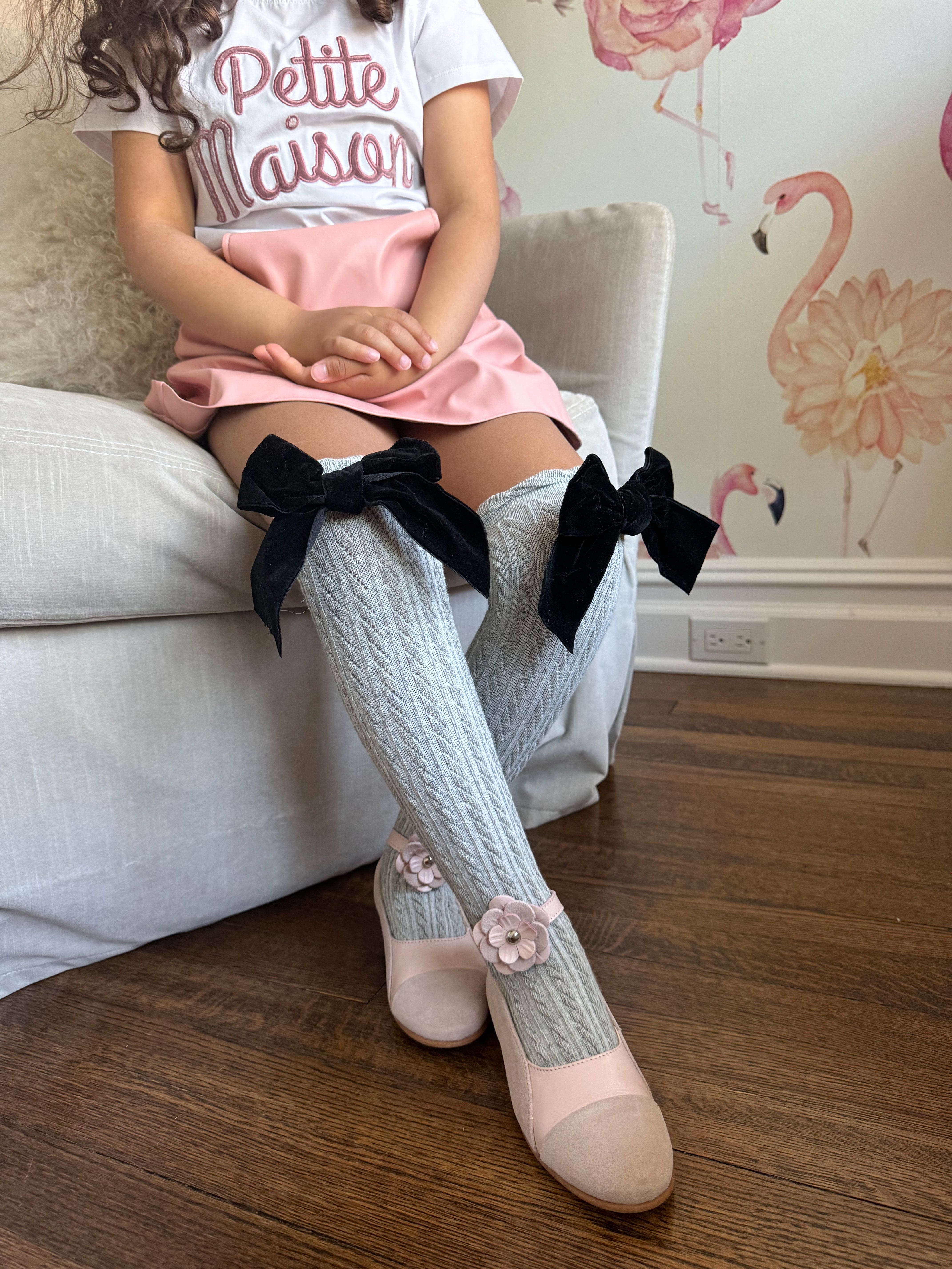 Grey Knee High Socks with Velvet Bows - Petite Maison Kids