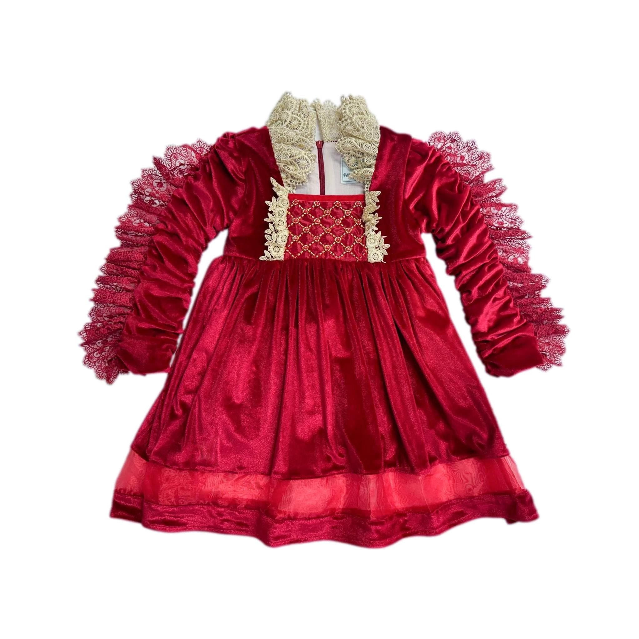 Victoria red velvet dress displayed flat, highlighting the ruffled sleeves, gold lace bodice trim, and rich velvet fabric