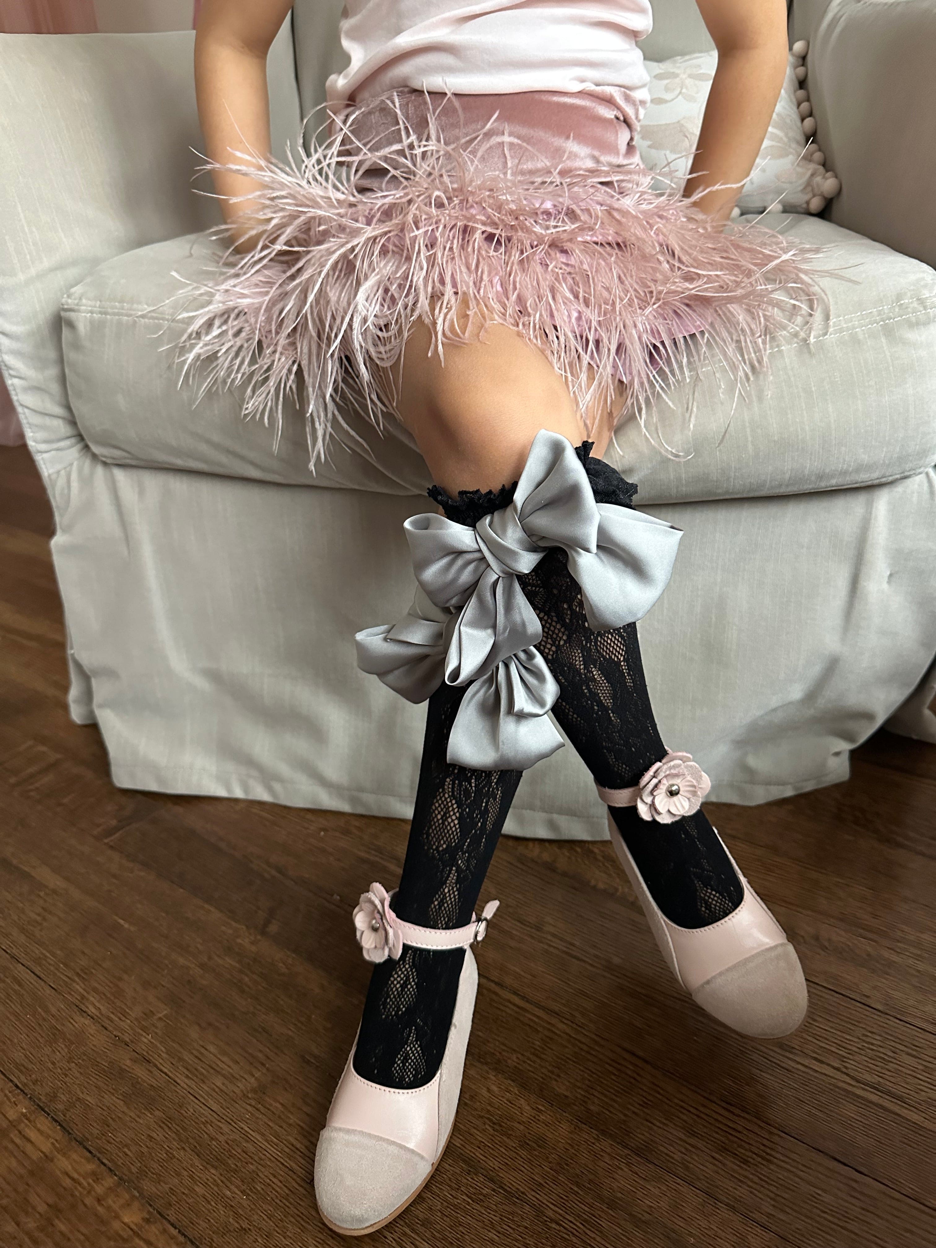 Lola Black Lace Socks with Satin Bows - Silver Bow - Petite Maison Kids