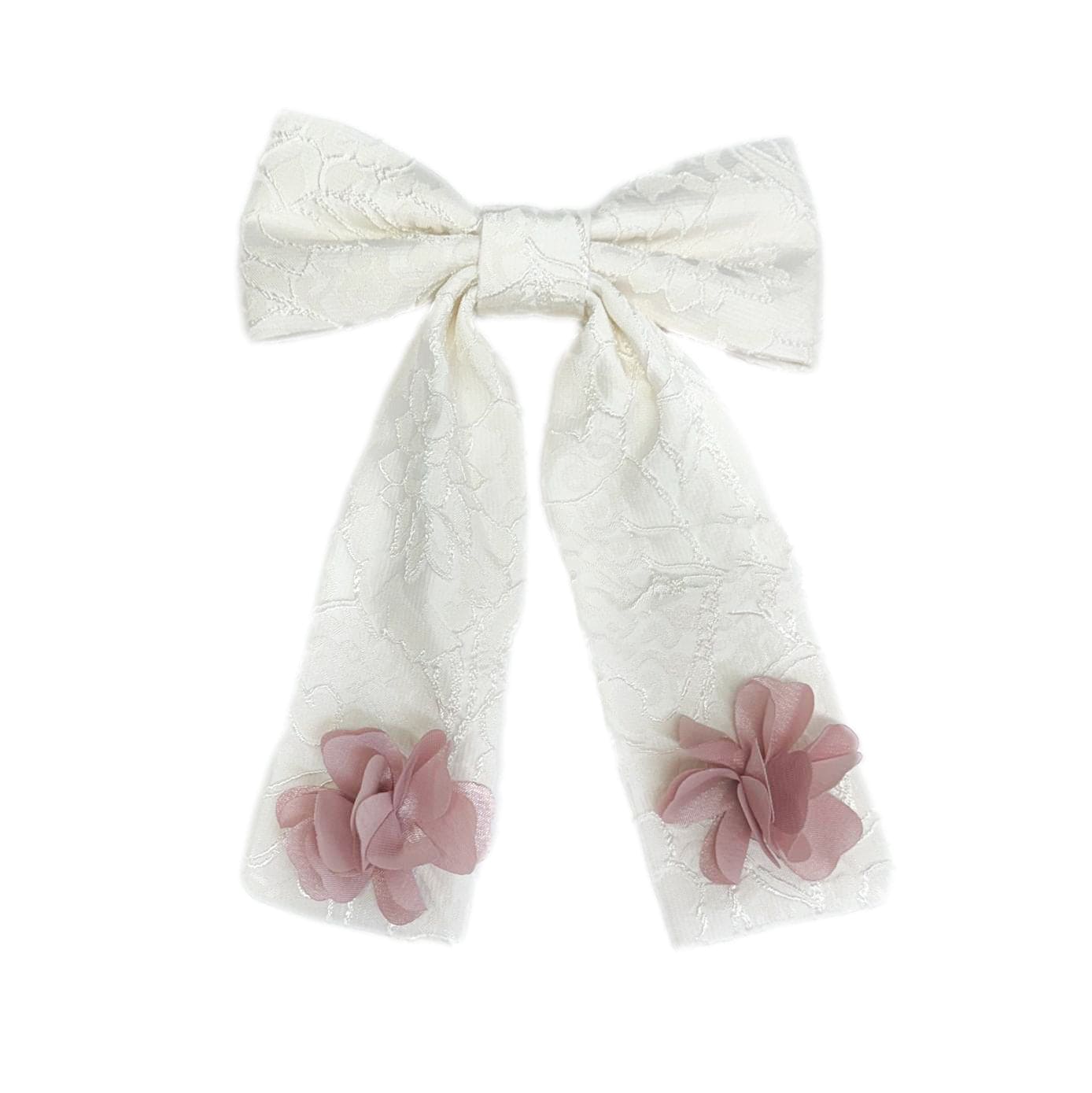 Ivory lace cherry blossom hair bow with soft pink floral details and long ribbon tails for girls