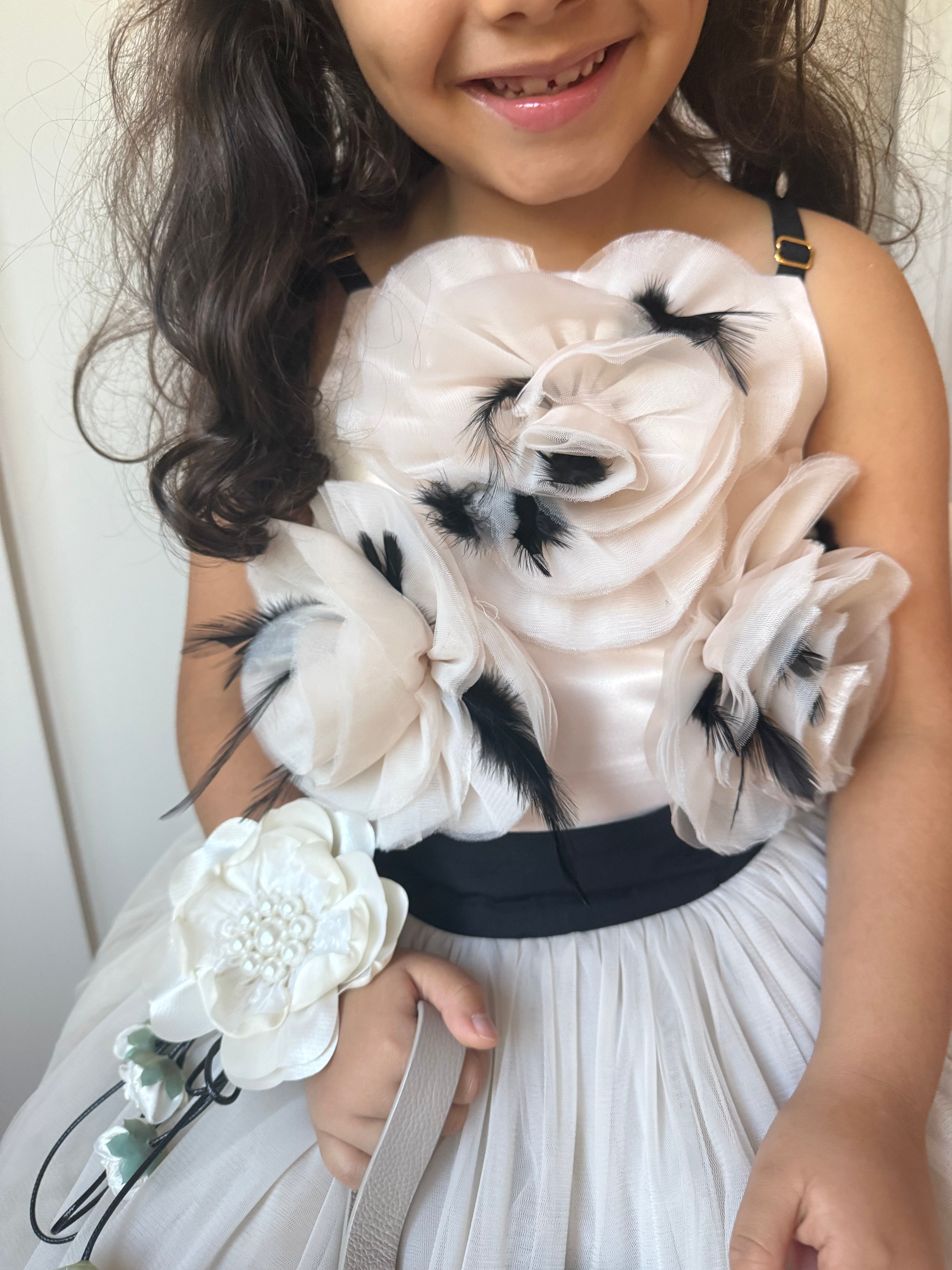 Evangeline Champagne Ivory Flower Tie With Pearl Center and Flower Tassels - Petite Maison Kids