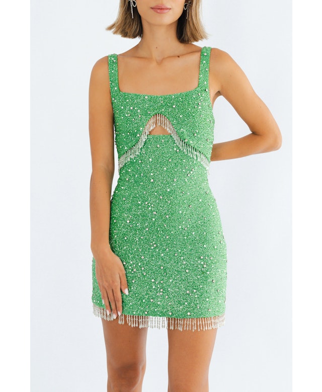 Artemis Beaded Tasseled Mini Dress Daphne X Oceanus Green