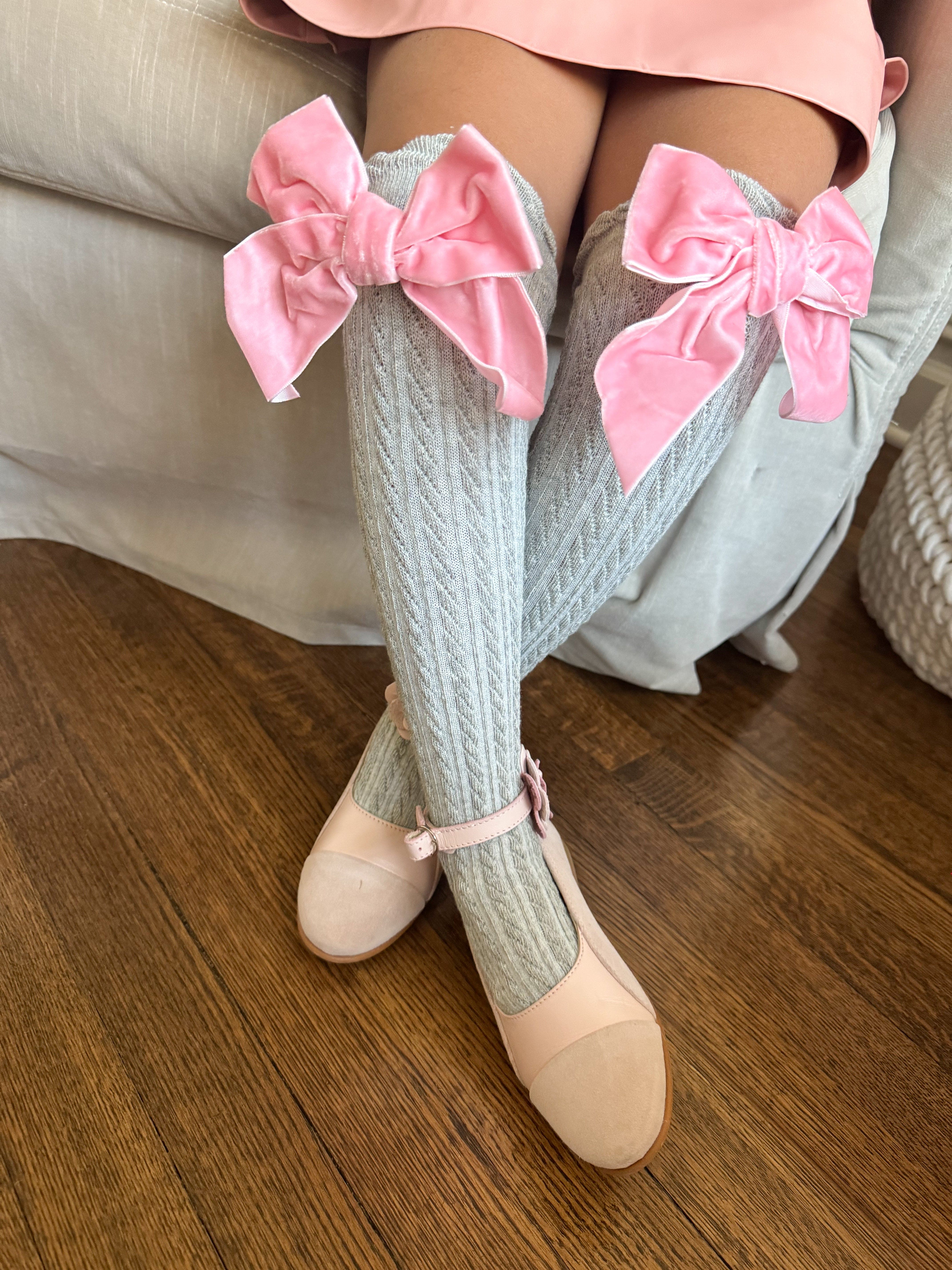 Grey Knee High Socks with Velvet Bows - Petite Maison Kids