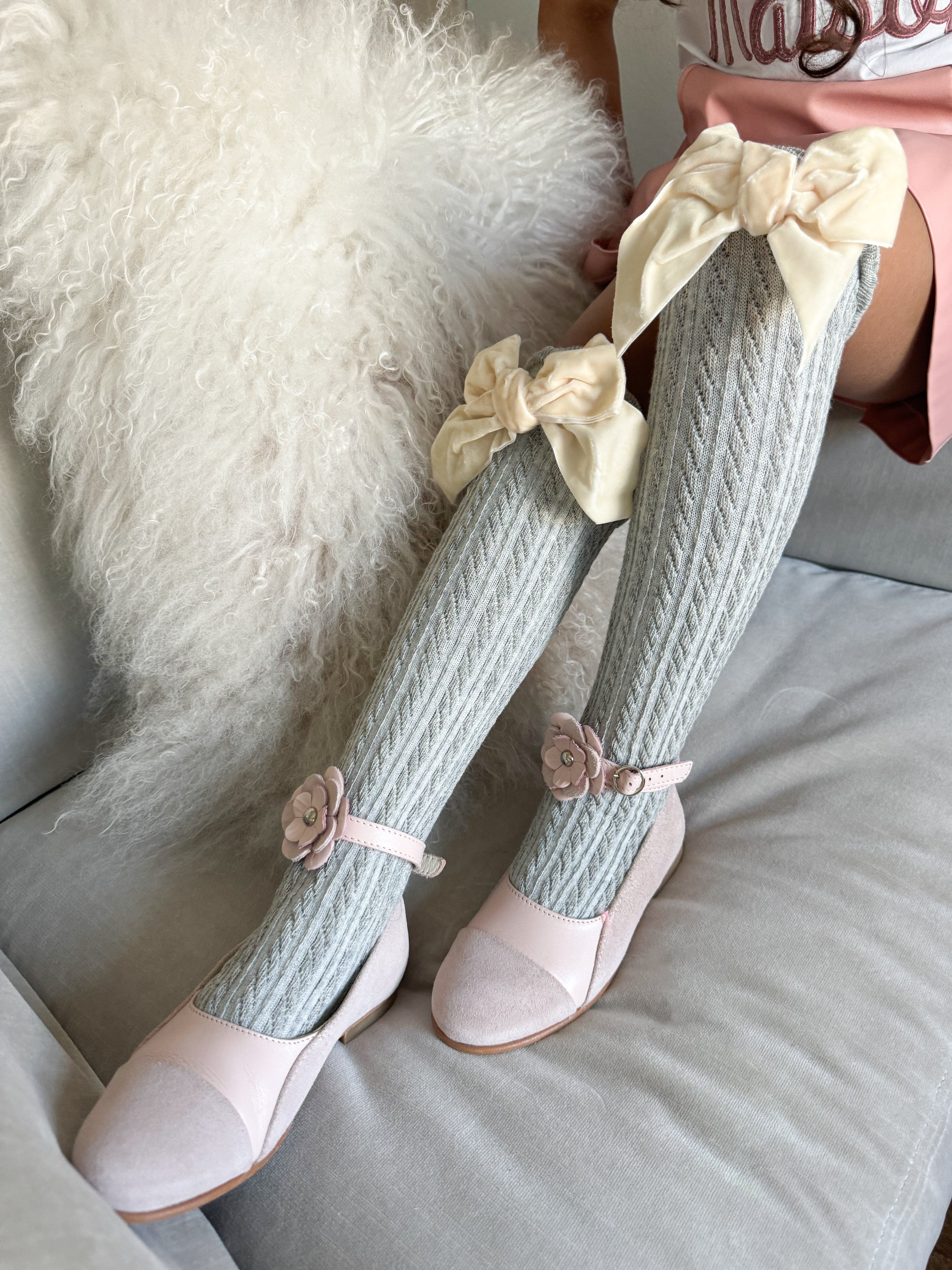 Grey Knee High Socks with Velvet Bows - Petite Maison Kids