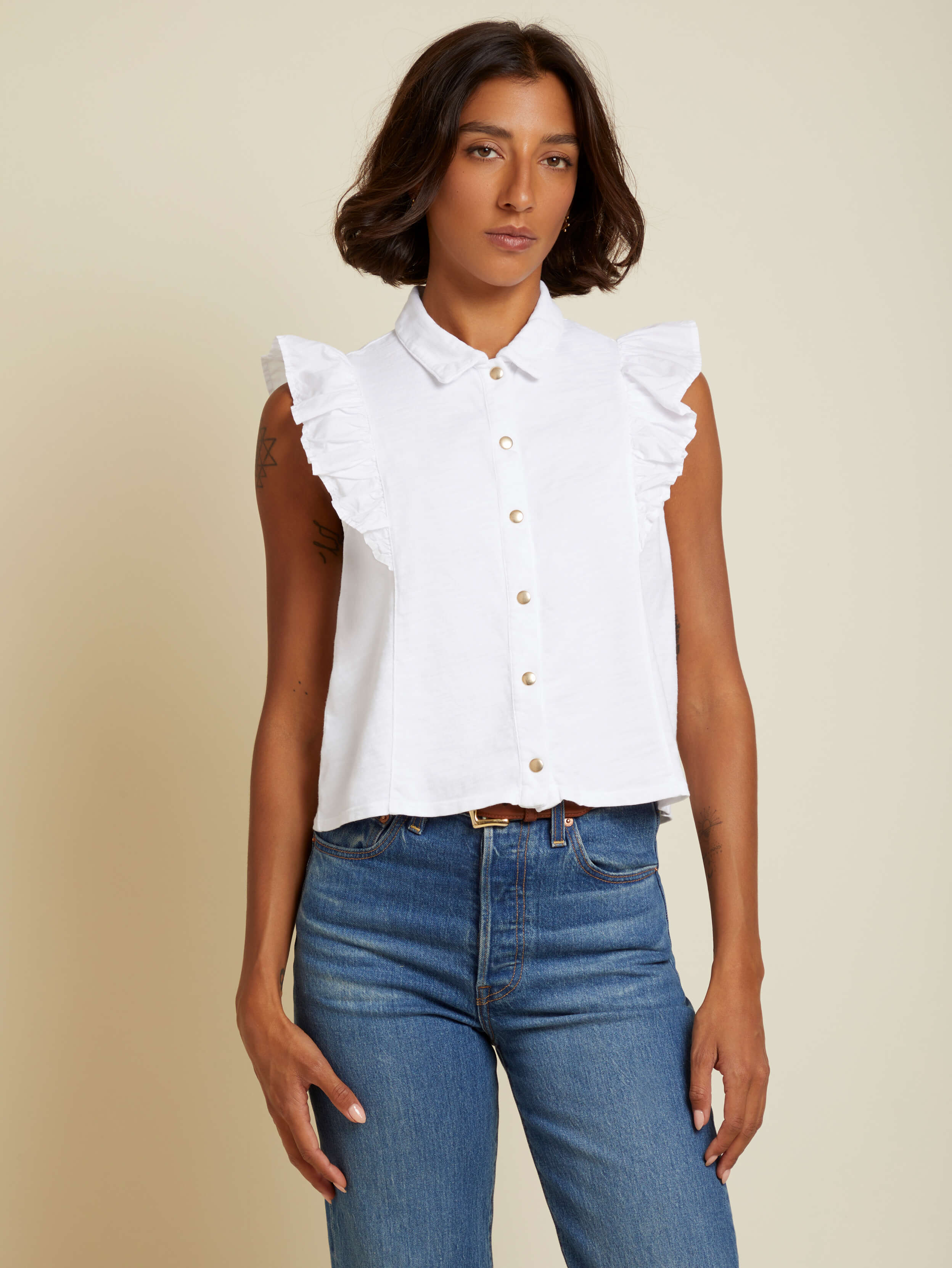 NATION LTD Archer Sleeveless Ruffled Button Up