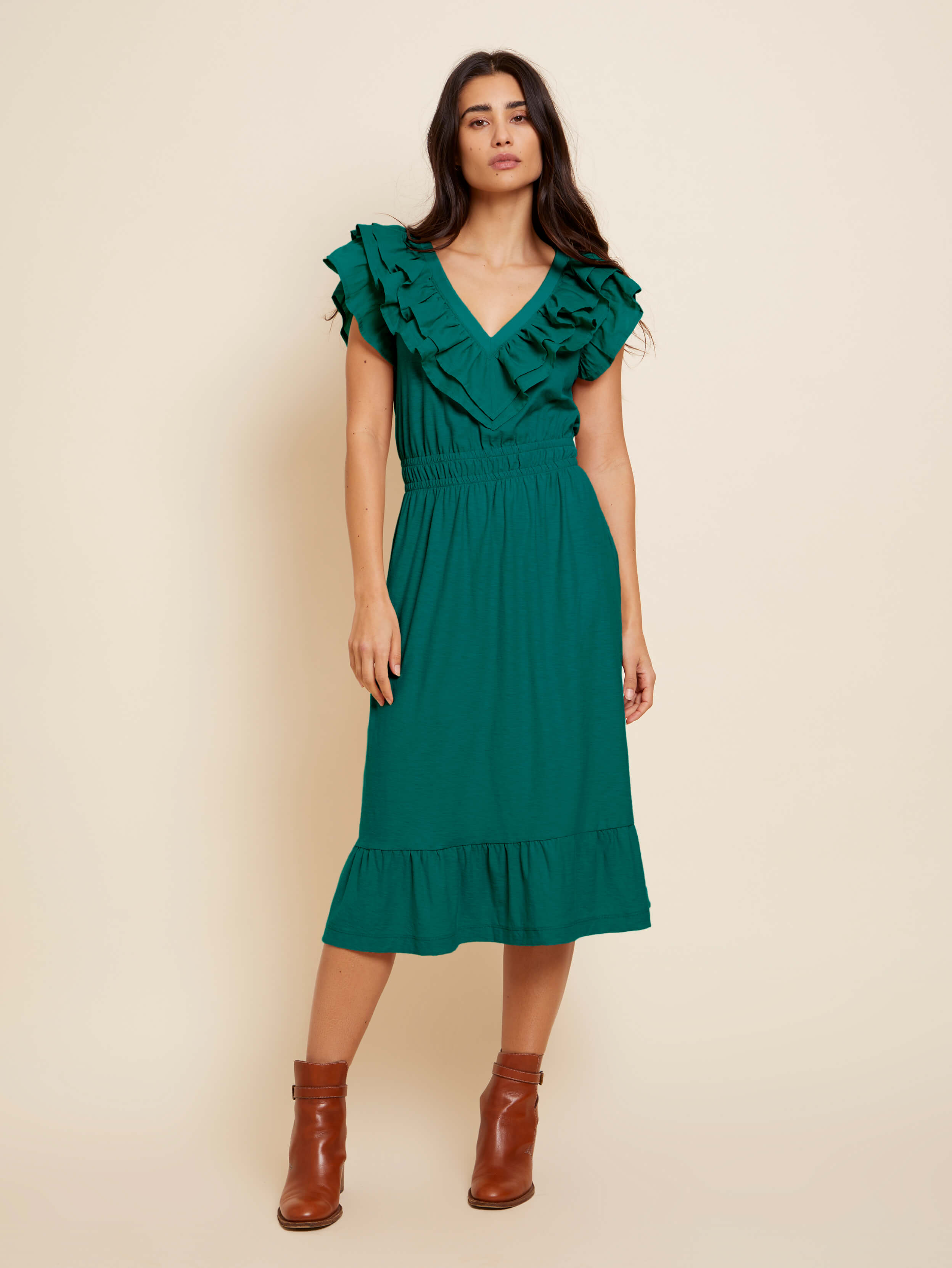 NATION LTD Aria Contrast Ruffle Midi Dress