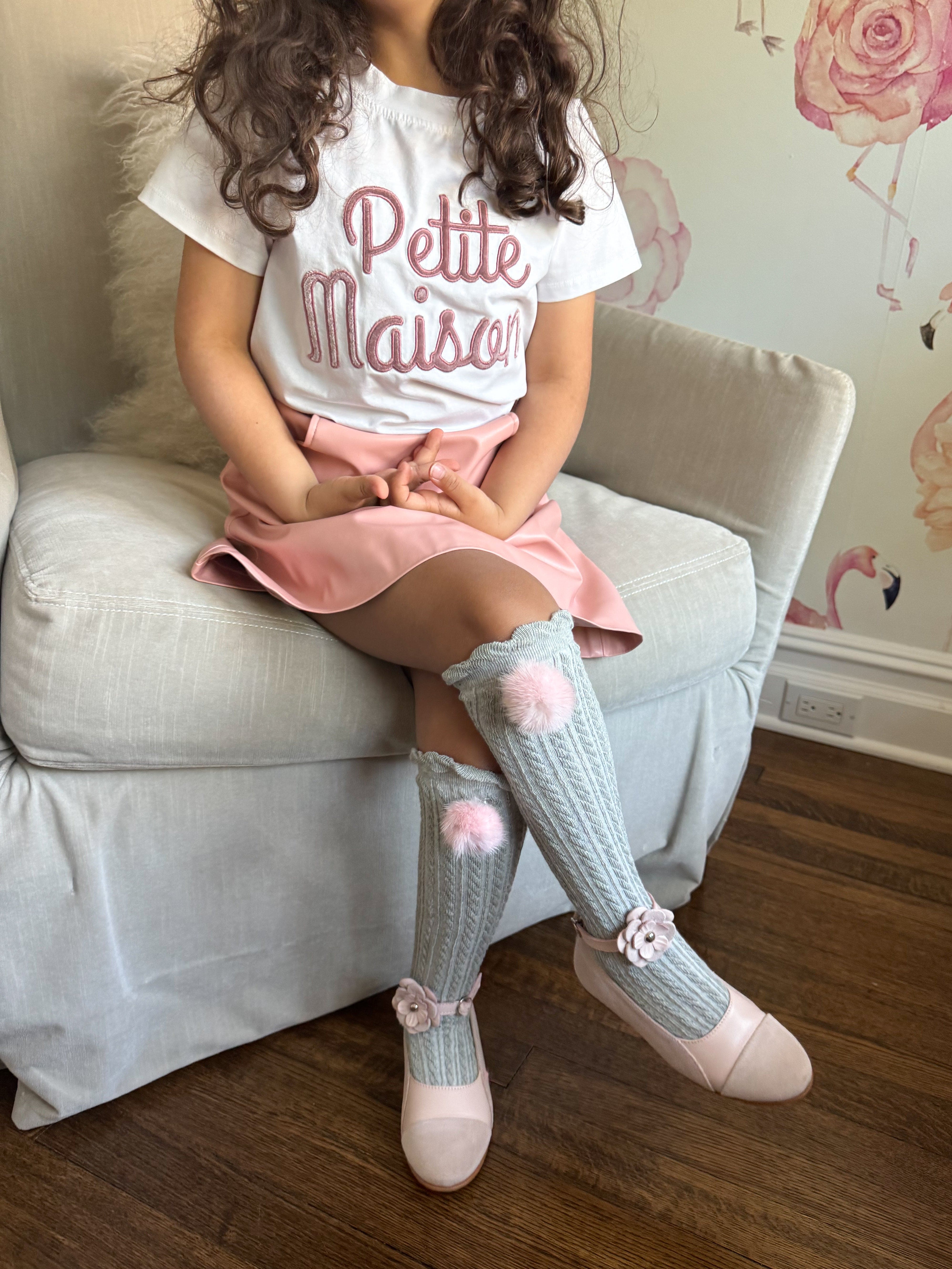 Grey Knee High Socks with Poms - Pink Pom - Petite Maison Kids