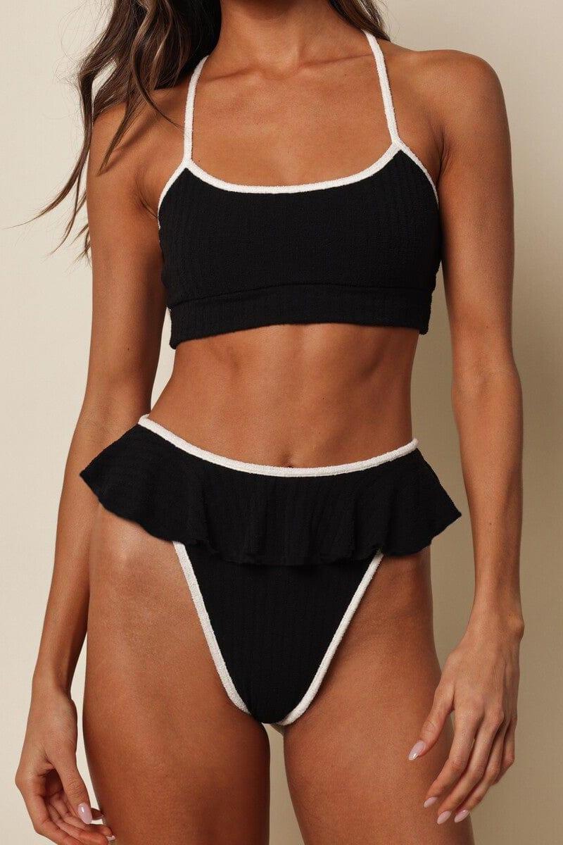 Black (Cream Binded) Terry Rib Tamarindo Ruffle Bikini Bottom